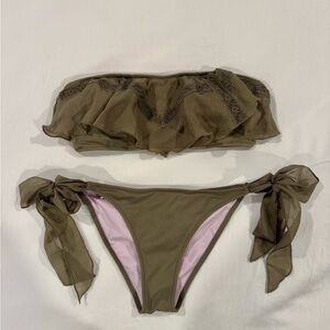 Victoria's Secret Olive Green Ruffle Bandeau Bikini with Tie-Side Bottoms
